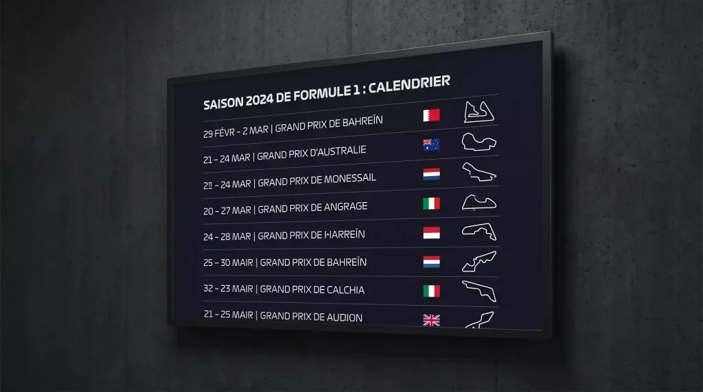 Calendrier de la saison F1 avec dates des Grands Prix et drapeaux de chaque pays
