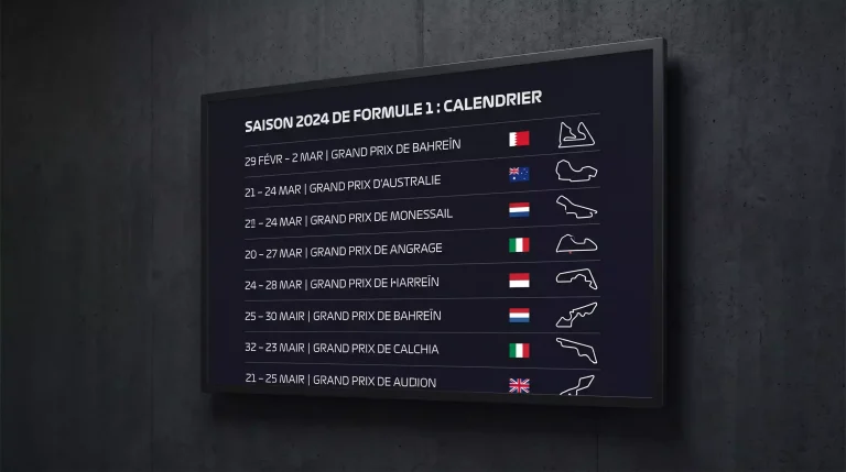 Calendrier de la saison F1 avec dates des Grands Prix et drapeaux de chaque pays