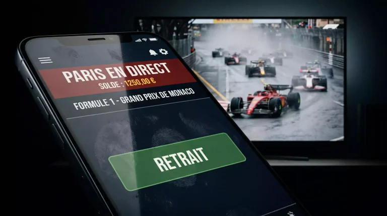 Interface de cash out sur application mobile de paris sportifs pendant une course F1