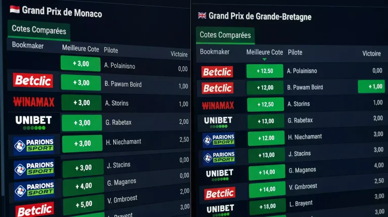 Tableau comparatif de cotes F1 de plusieurs bookmakers pour un Grand Prix