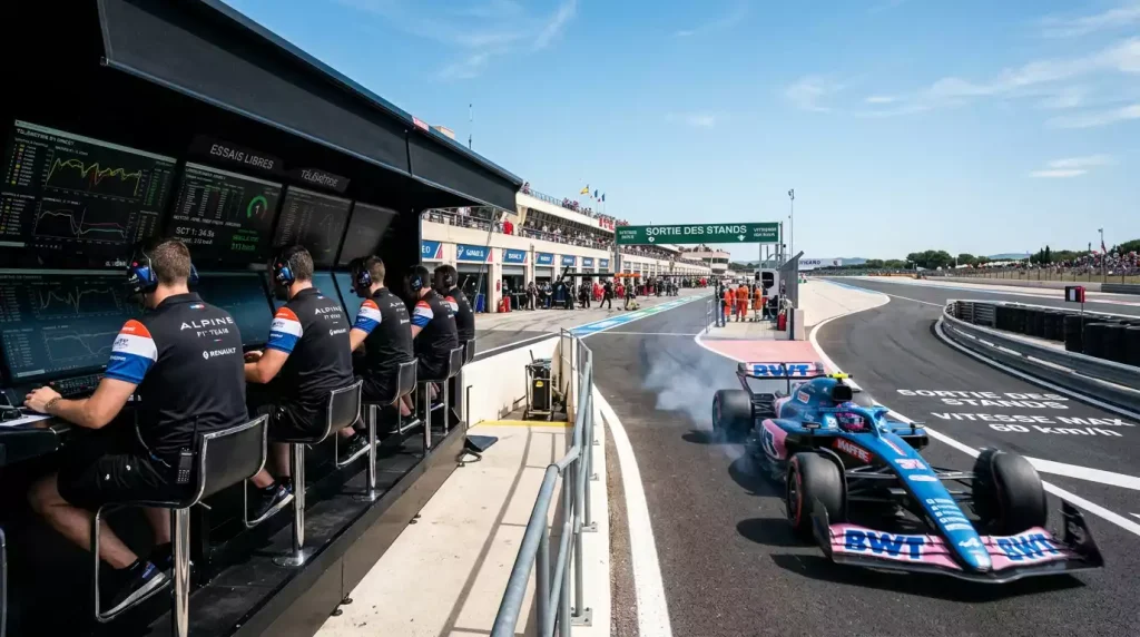 Monoplace F1 en piste lors d'une séance d'essais libres avec écrans de télémétrie