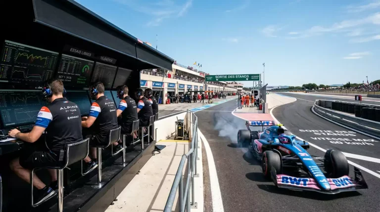 Monoplace F1 en piste lors d'une séance d'essais libres avec écrans de télémétrie