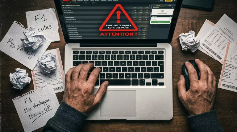 Parieur analysant des cotes F1 sur écran avec signaux d'alerte sur les erreurs courantes
