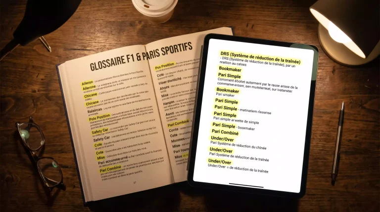 Lexique de termes techniques de Formule 1 et paris sportifs sur fond sombre