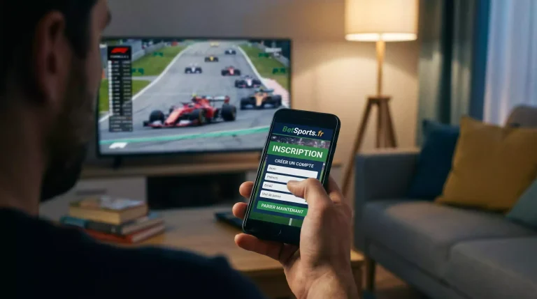 Écran de smartphone affichant l'inscription sur un site de paris sportifs F1
