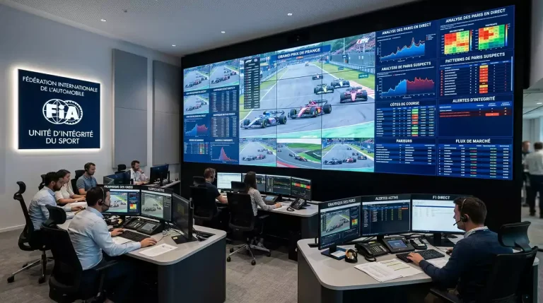 Logo de la FIA et système de surveillance des paris sportifs pour la Formule 1