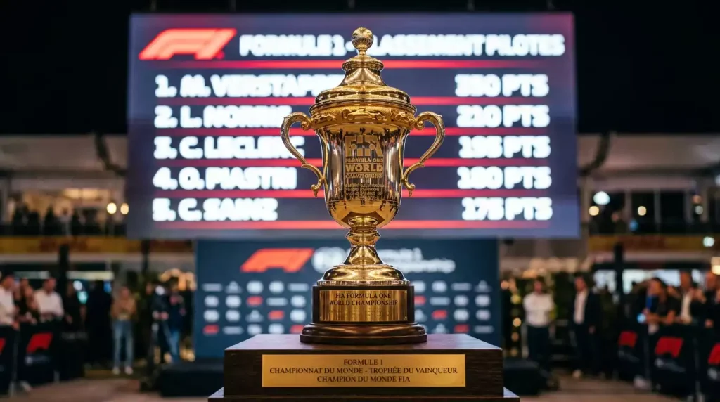 Trophée du championnat du monde F1 avec classement des pilotes en arrière-plan
