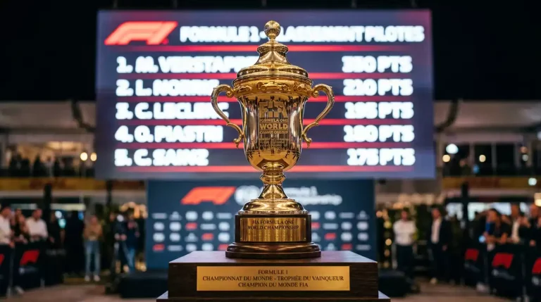 Trophée du championnat du monde F1 avec classement des pilotes en arrière-plan