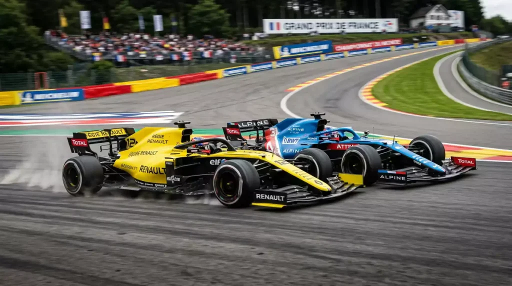 Deux monoplaces F1 côte à côte en course illustrant un duel face-à-face entre pilotes