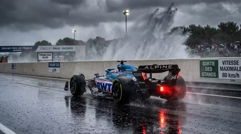 Monoplace F1 roulant sous la pluie avec projections d'eau et pneus intermédiaires