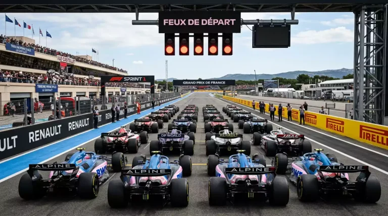 Départ de course sprint F1 avec monoplaces alignées sur la grille de départ